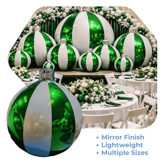 Green Giant Inflatable Striped Ornament Sphere – Maxorb™ Reflective Holiday Ceiling Decor – Commercial Installation Sizes | Rental
