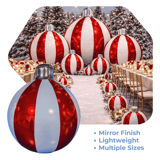 Red Giant Inflatable Striped Ornament Sphere – Maxorb™ Reflective Holiday Ceiling Decor – Commercial Installation Sizes | Rental