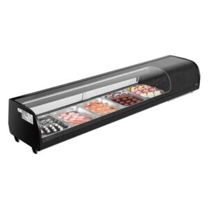 70" Sushi Display Case Refrigerator, 2.9 Cu.ft Commercial Sushi Case, 5-Pan Countertop Showcase with Curved Glass, LED Lighting, and Digital Temperature Control